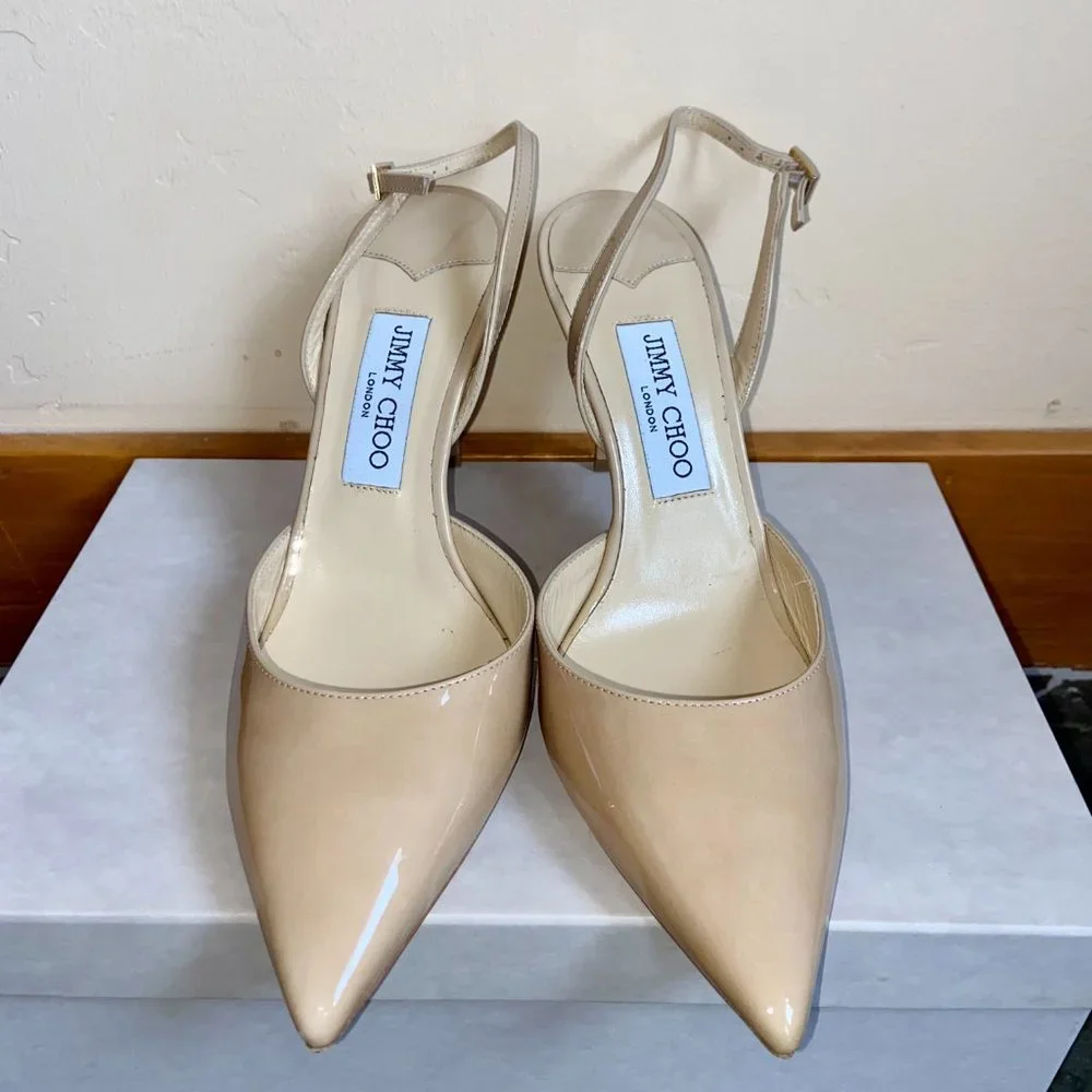 Jimmy Choo Women's Nude Tilly Patent Leather Sling-Back Pumps | Size 39.5 (US 9) - Picture 7 of 9